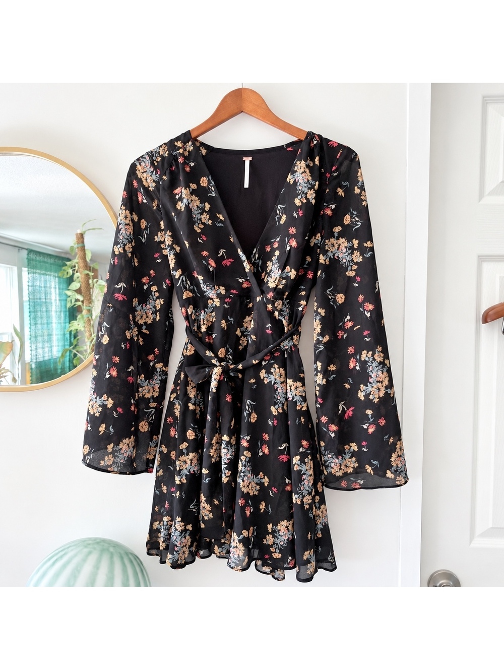 Free People Black Floral Bell Sleeve Wrap Dress